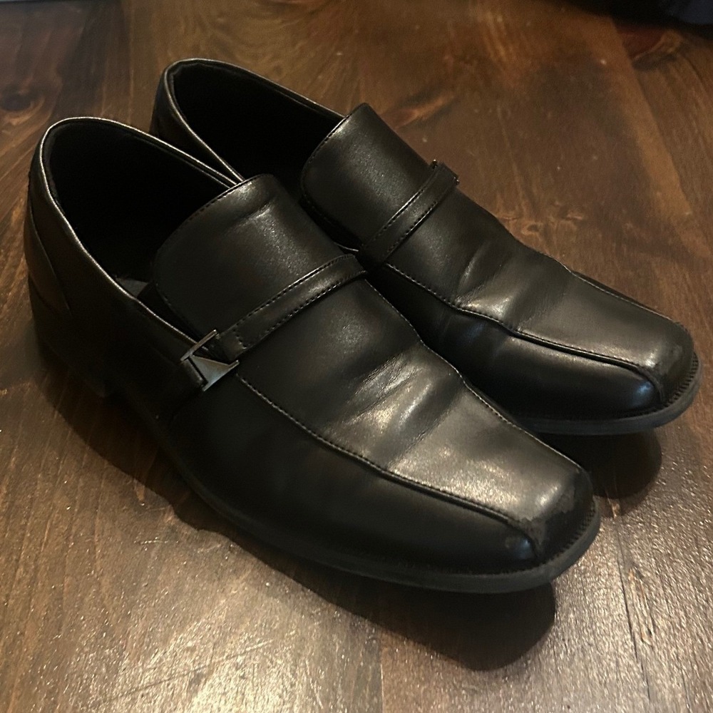 Perry Ellis Lucas Dress Shoes Kids Sz 7 Black Scuffed Square Toe Loafers Classic